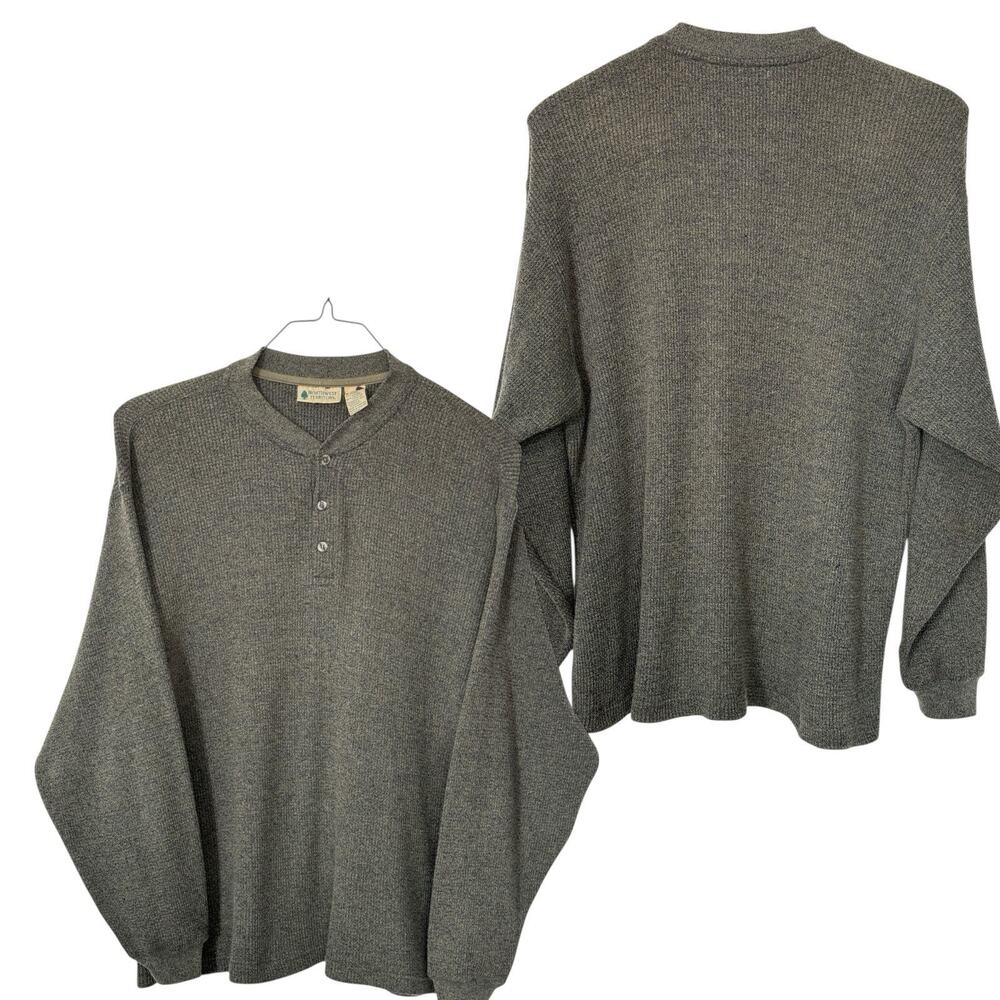 Vintage Waffle Knit Thermal Henley Mens L Olive Green Long Sleeve Gorp